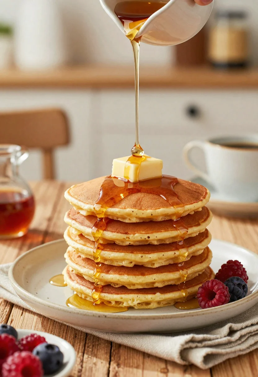 Food Photography Shot Tall Stack Fluffy Pancakes With Rich Brunch reference photo