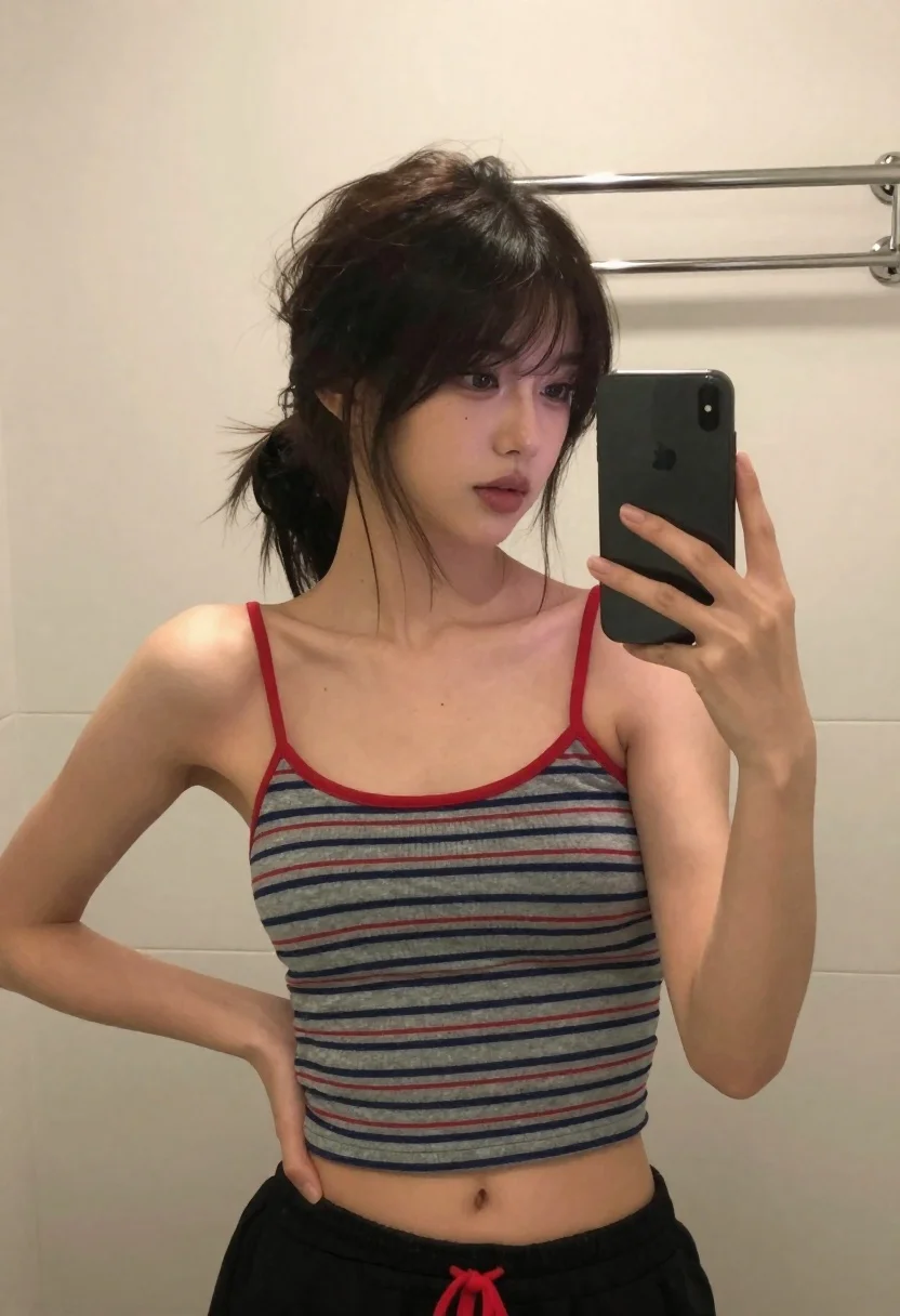 Young Woman With Dark Hair Tied Back Ponytail Takes Mirror reference photo