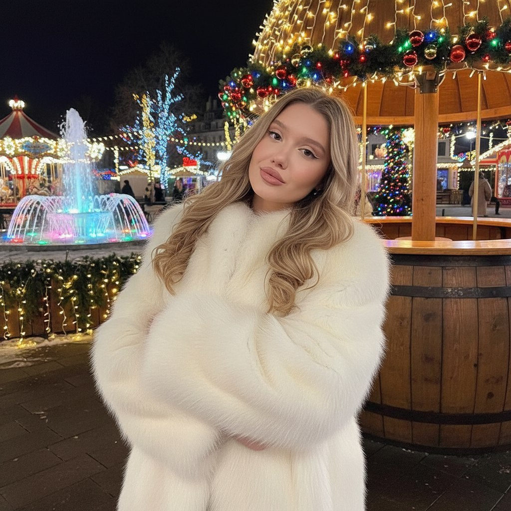 A girl in a fluffy fur coat hugging herself with light curls, in a cozy winter night scene decorated with Christmas lights.