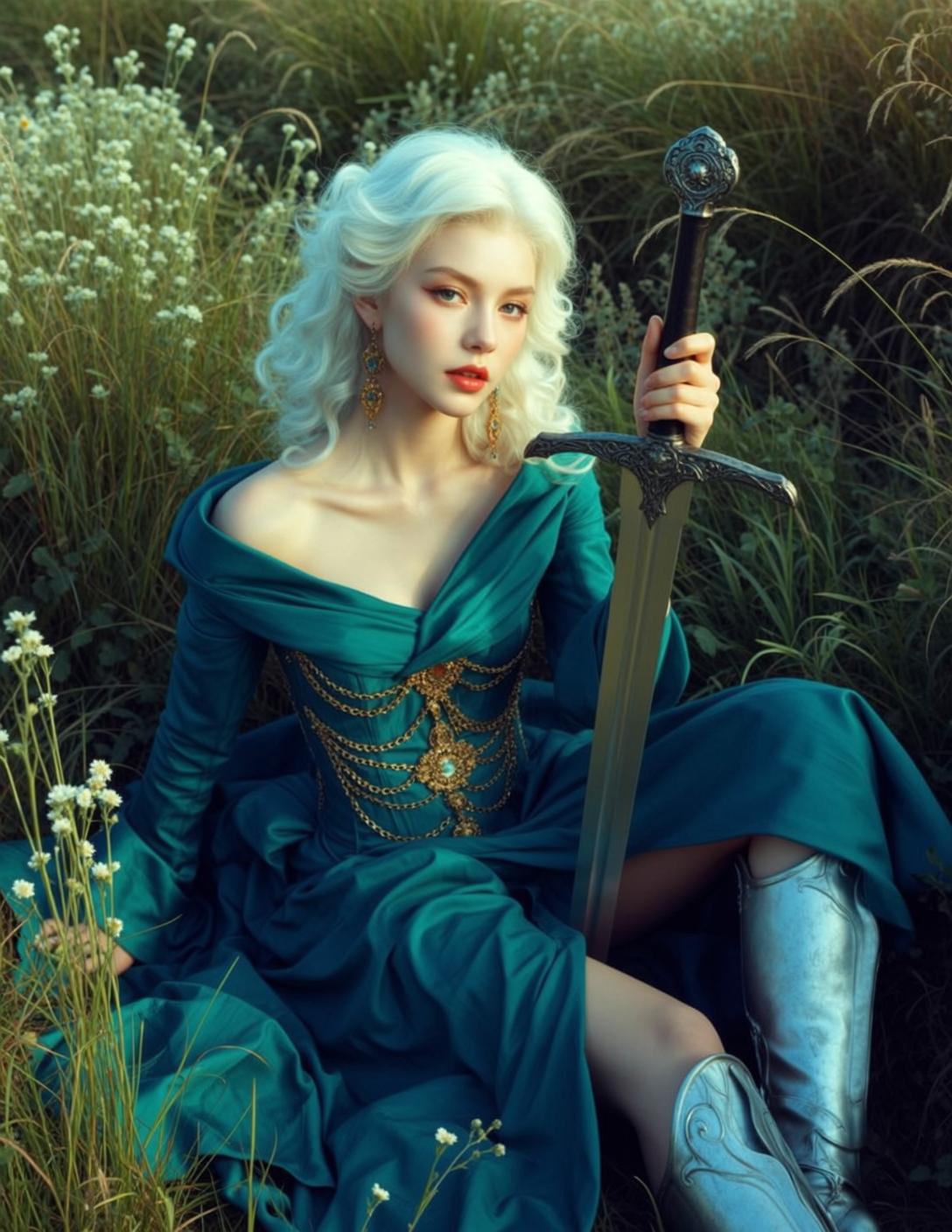 Platinum Blonde Woman Teal Dress Sword Wildflowers