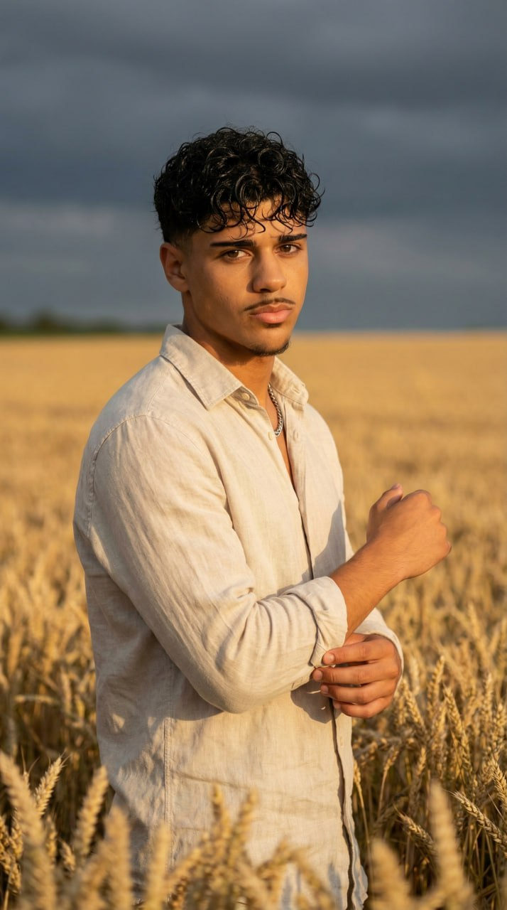 A portrait of a person in a beige linen shirt standing in a golden wheat field under a moody storm sky, capturing calm confidence.
