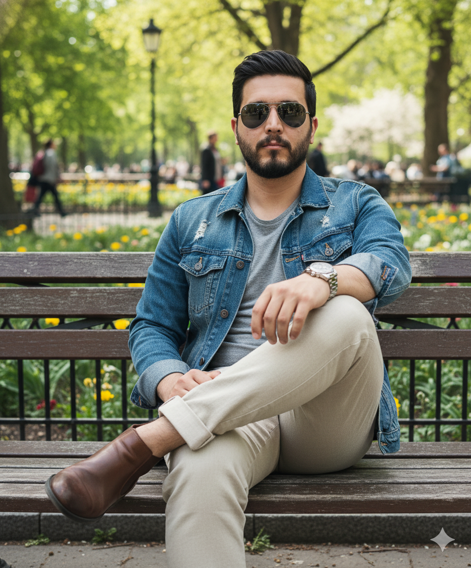 A proud young man sitting on a park bench wearing a denim jacket, linen pants, and sunglasses, relaxed pose with one leg crossed.