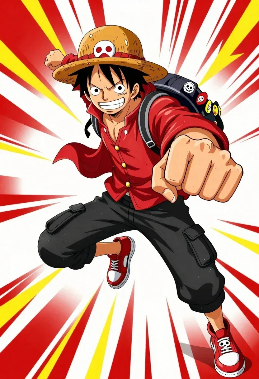 Monkey Luffy Lunges Forward With Dynamic High-energy Pose Modern Streetwear
