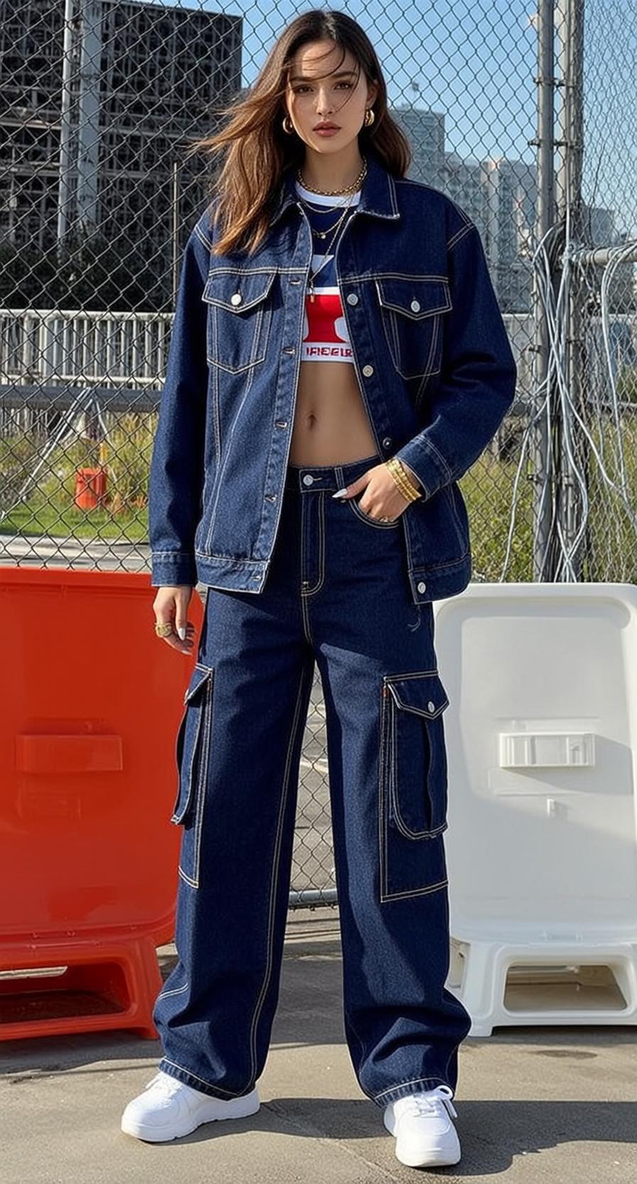 Denim Jacket Cargo Pants Urban Street Style