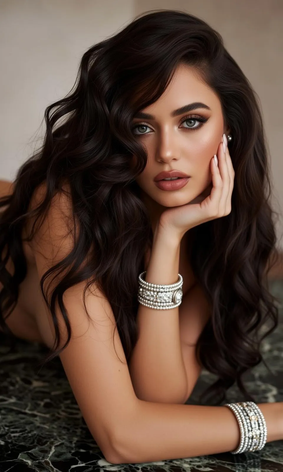 Glamorous Woman Diamond Bracelet Pearl Earring Dark Marble