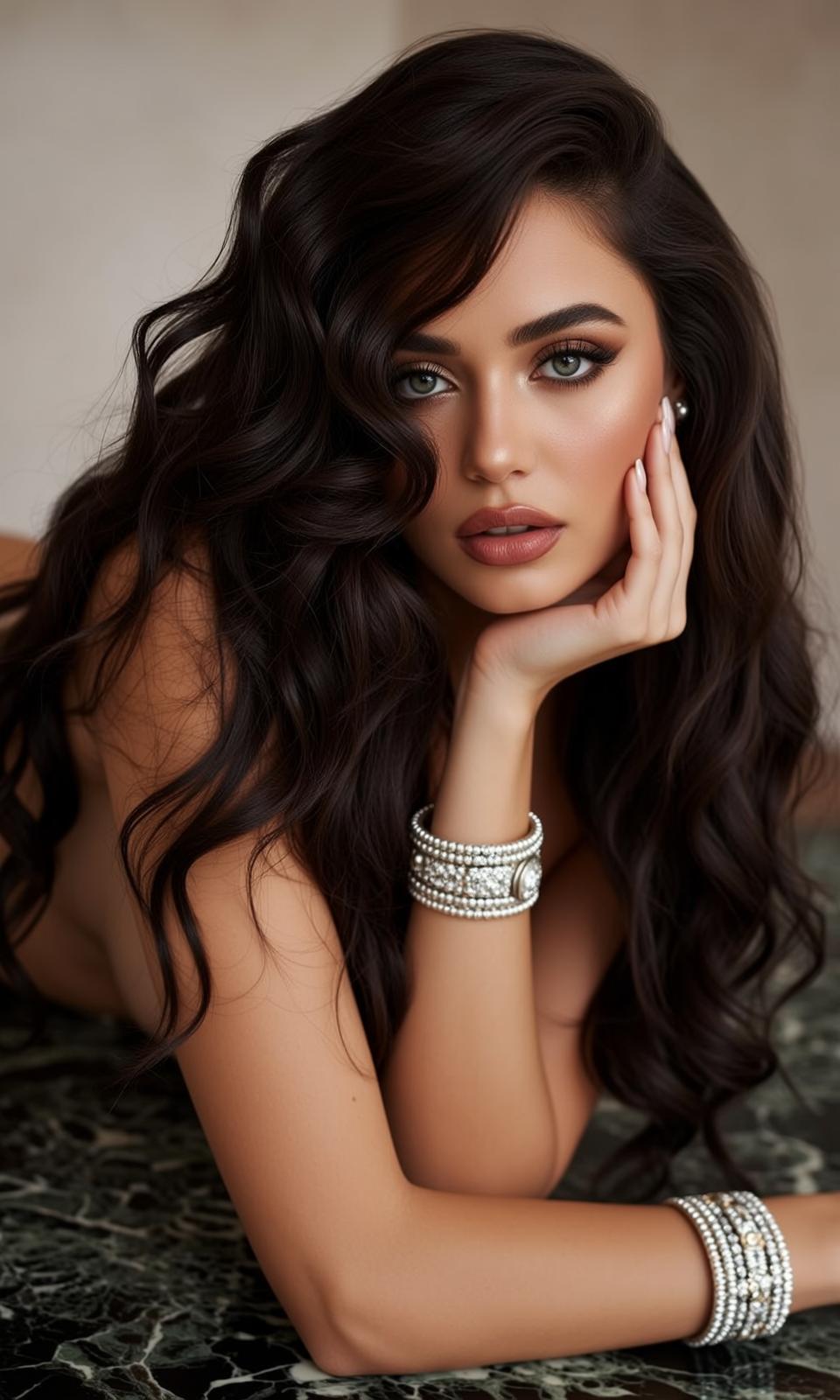 Glamorous Woman Diamond Bracelet Pearl Earring Dark Marble