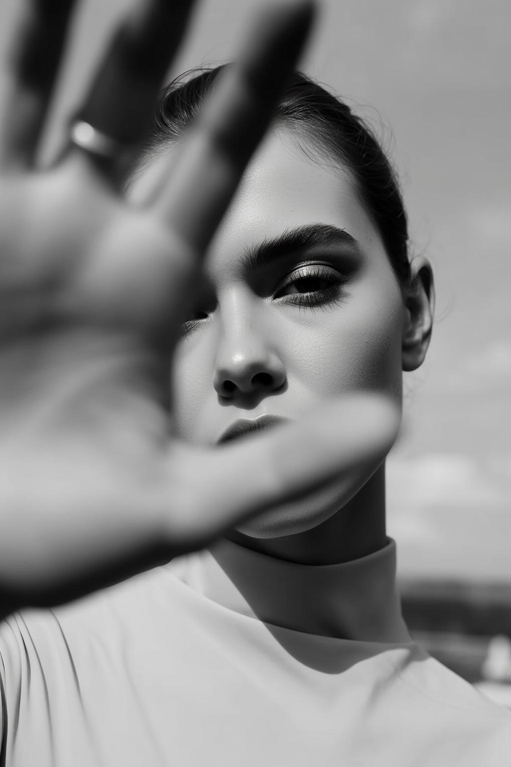 Black And White Medium Close-up Portrait Young Woman With Her