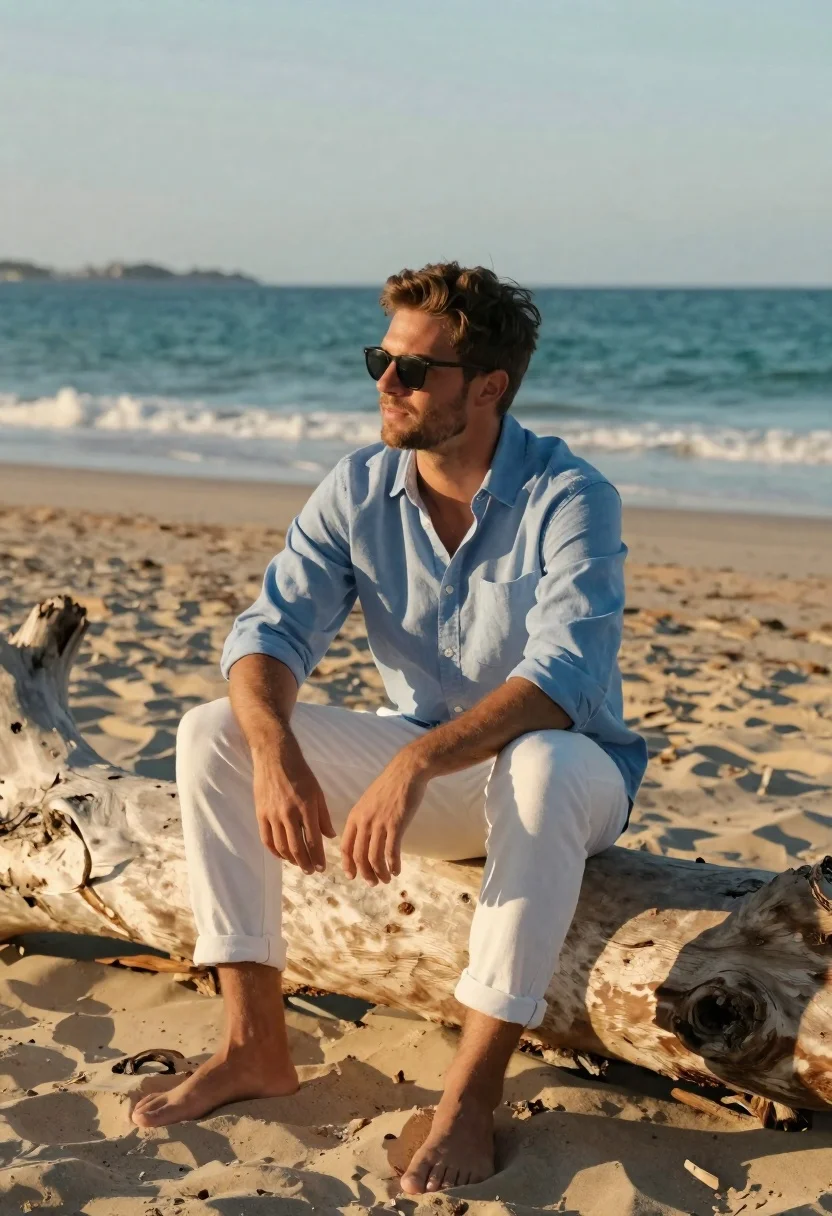 Handsome Man Sits Contemplatively Large Piece Weathered Driftwood Sandy Beach
