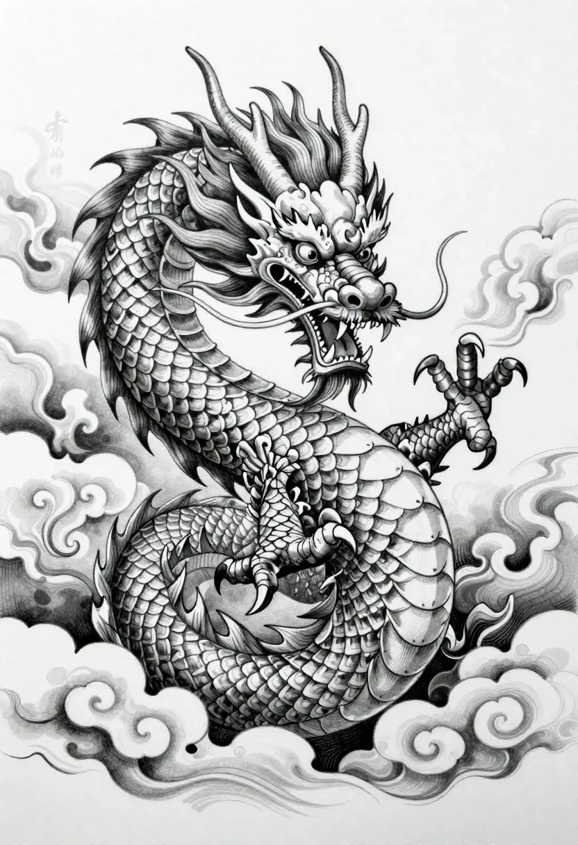 Hand-drawn Black And White Illustration Majestic Chinese Dragon Coiled Dynamic