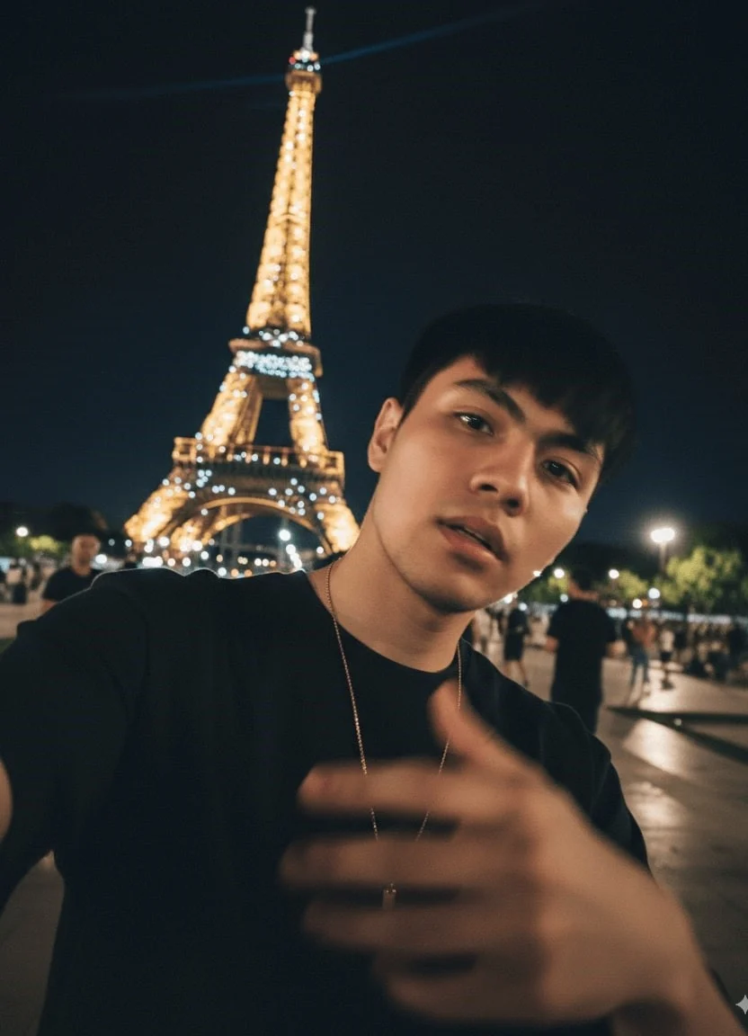 An unremarkable iPhone selfie taken near the Eiffel Tower, featuring slight motion blur and uneven lighting.