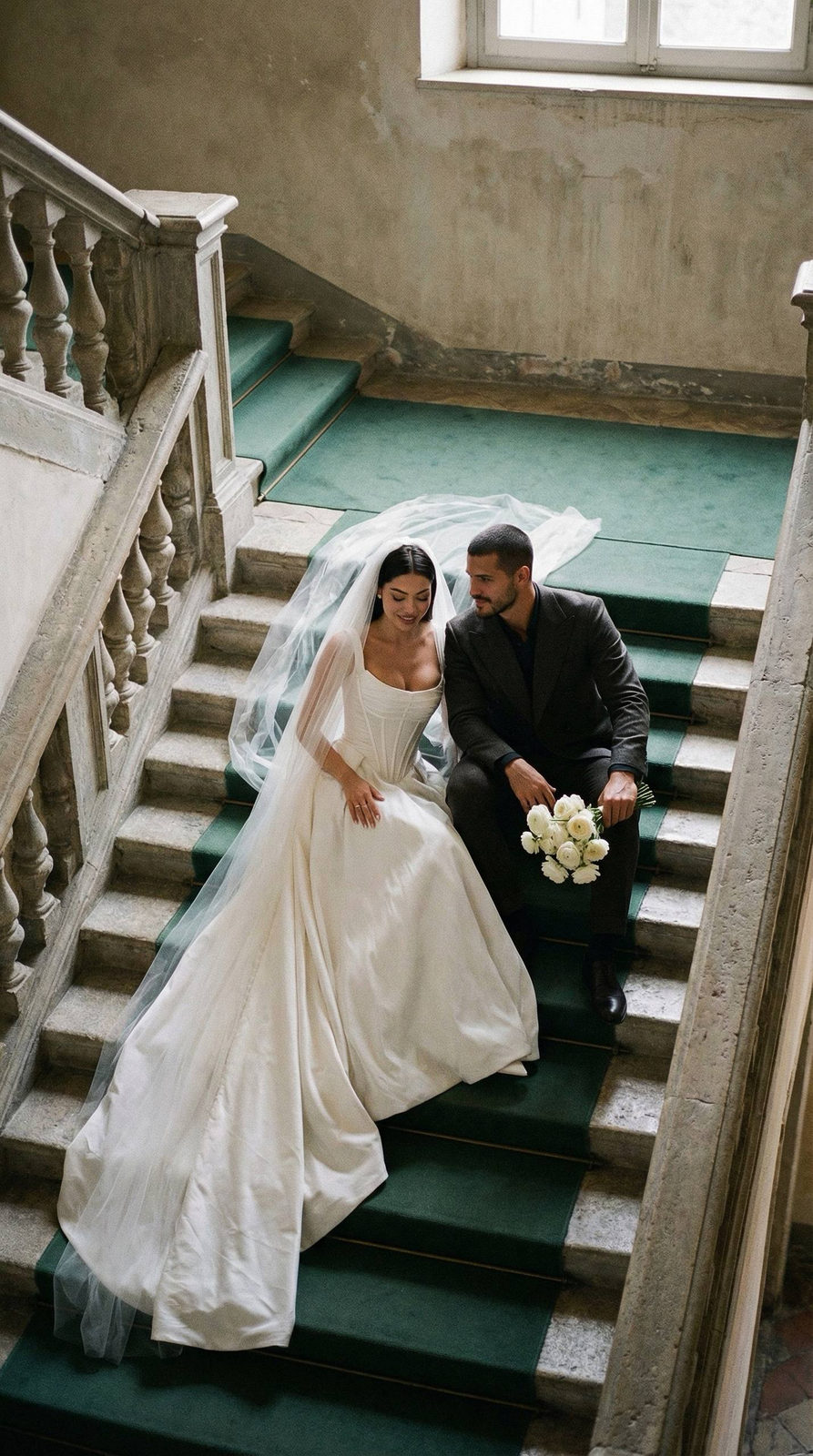 Couple seated on a deep-green carpeted staircase, surrounded by soft lighting, evoking a timeless wedding vibe.