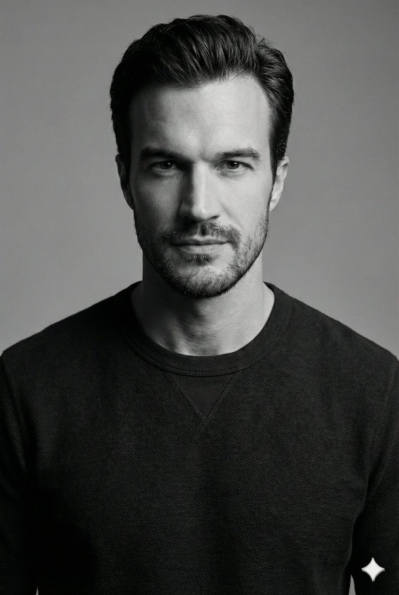 Monochrome portrait of a calm man in a stylish tee with soft lighting and deep shadows.