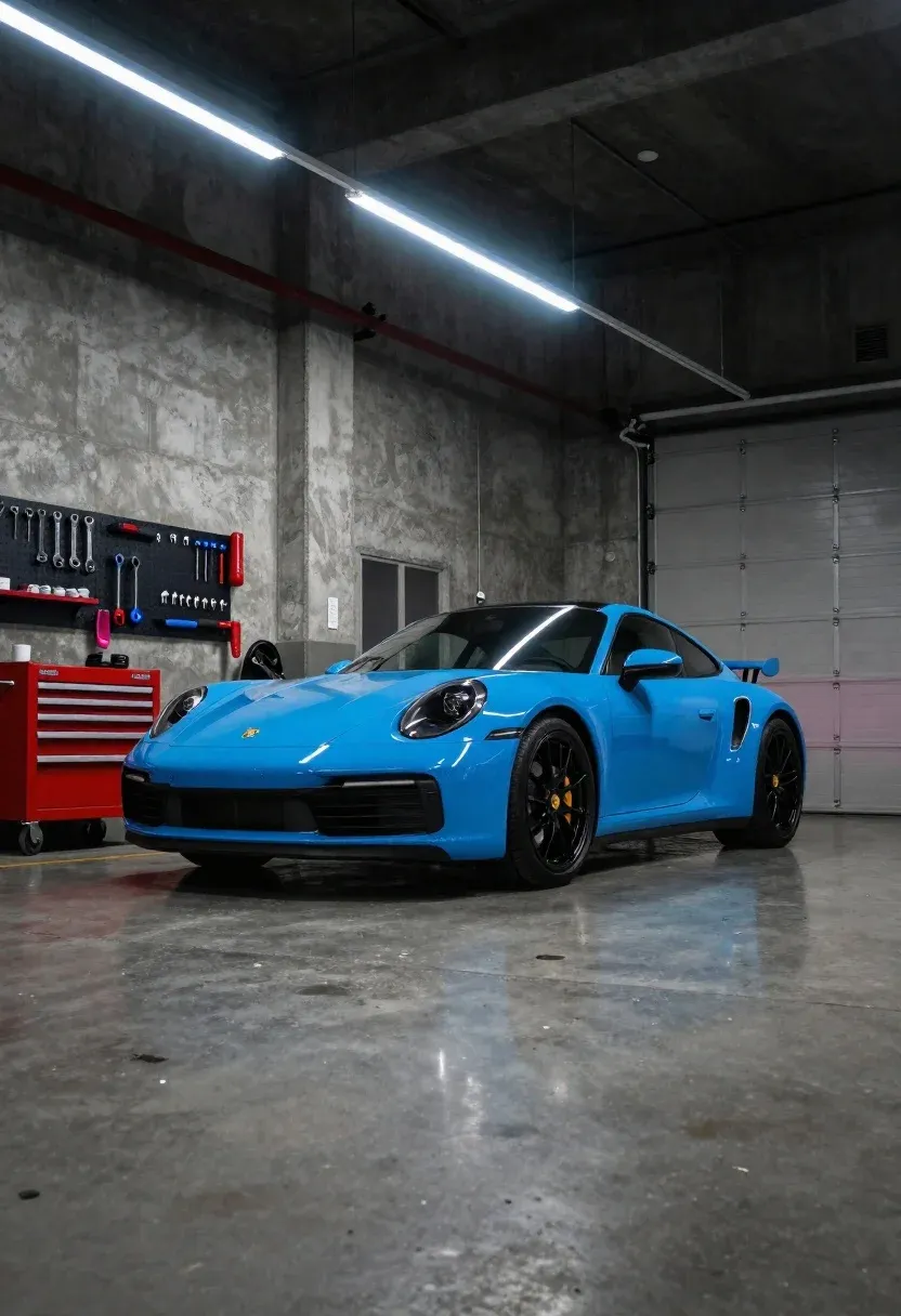 Photorealistic Shot Vibrant Blue Porsche Sports Car Parked Industrial Concrete