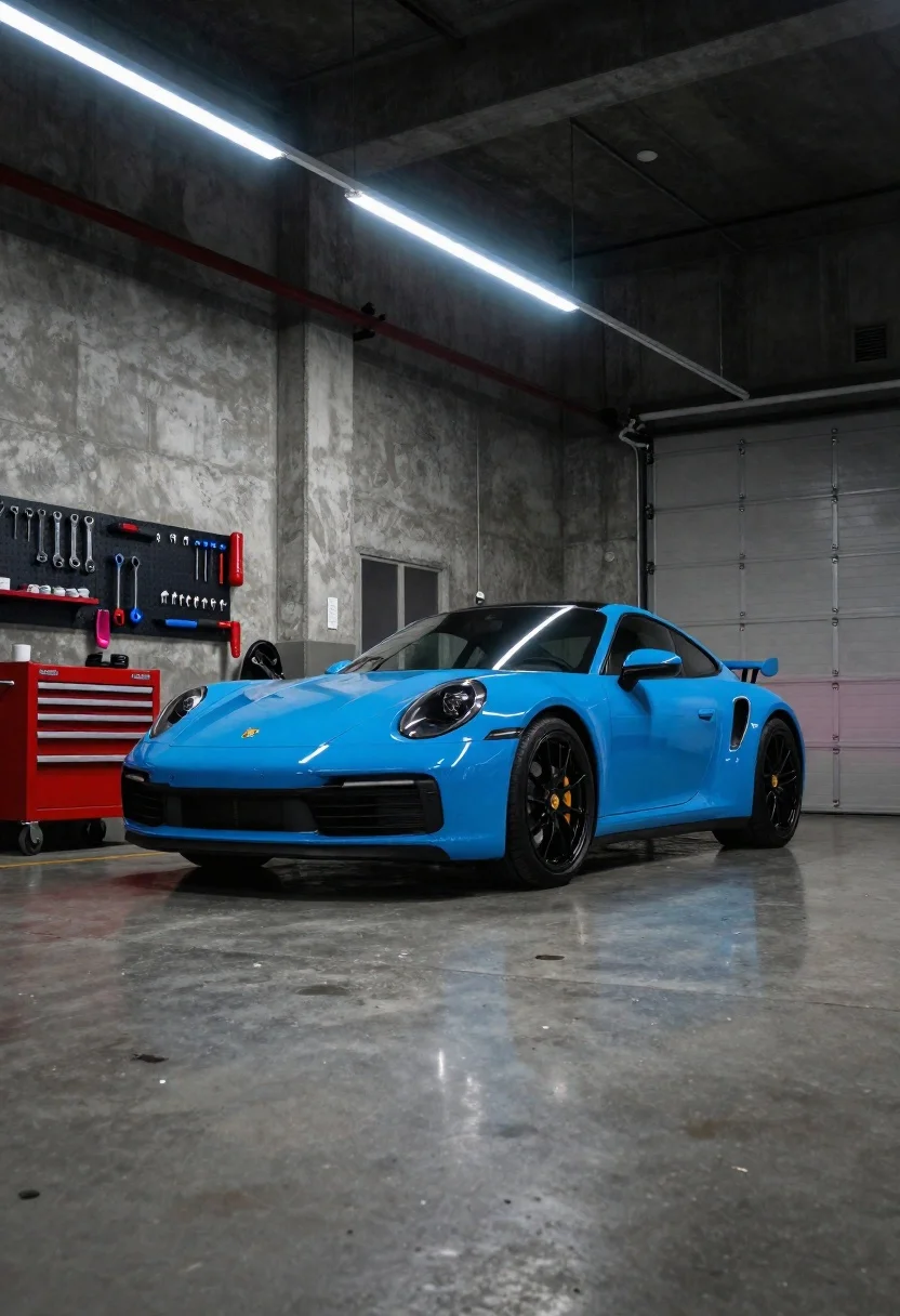 Photorealistic Shot Vibrant Blue Porsche Sports Car Parked Industrial Concrete reference photo