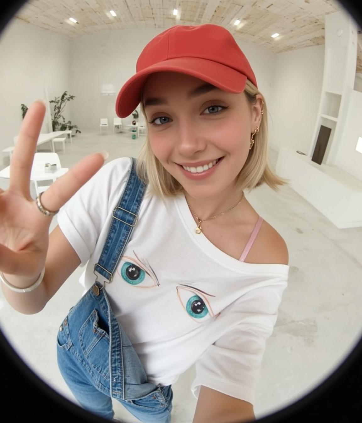 Blonde Bob Overalls Peace Sign Modern Interior
