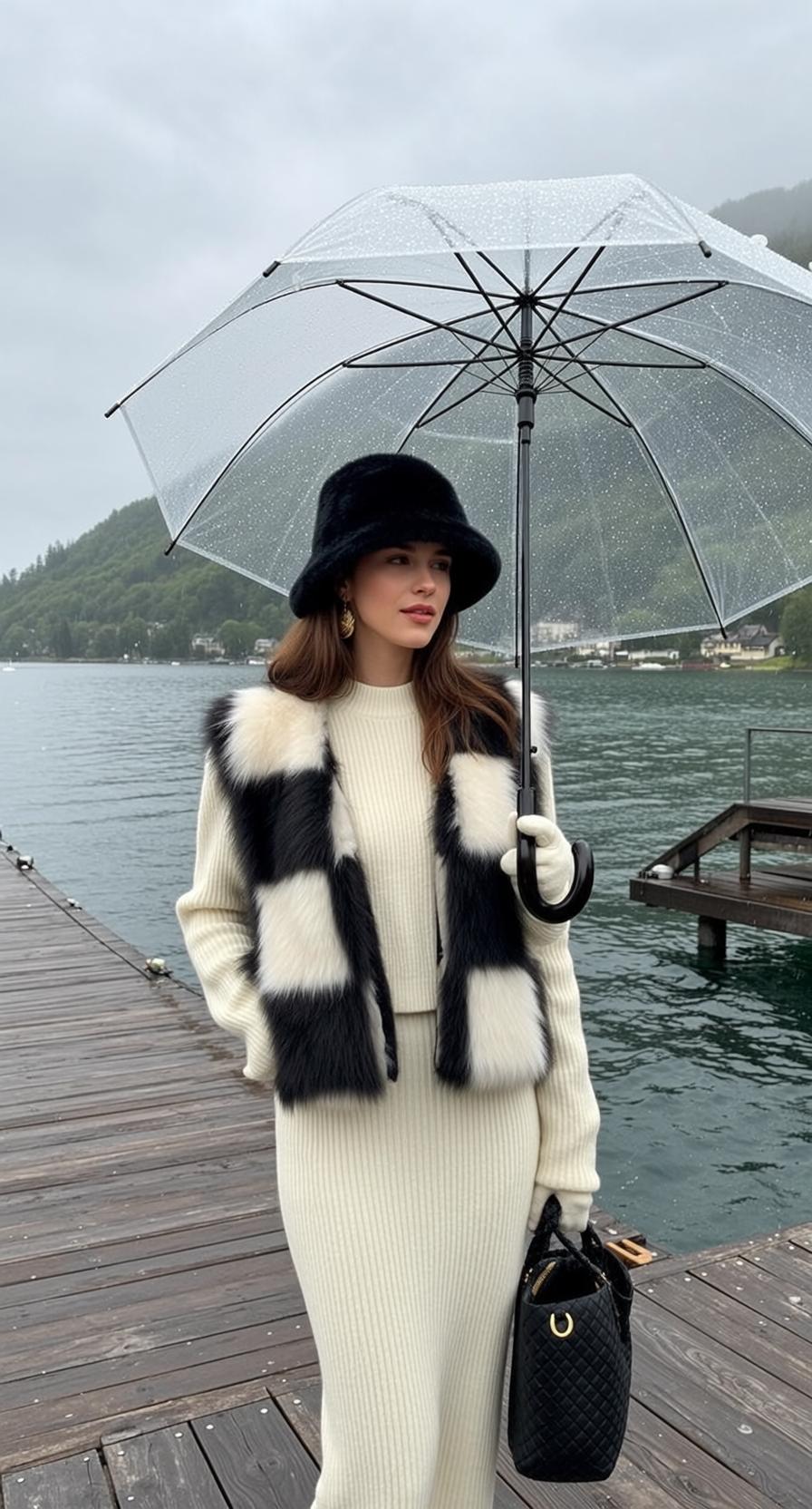 Wooden Pier With Umbrella And Checkered Vest