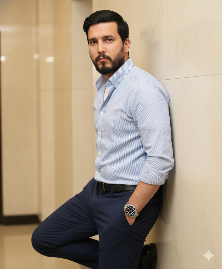 Young man in stylish attire leaning against a cream wall, proud expression, one hand in pocket.