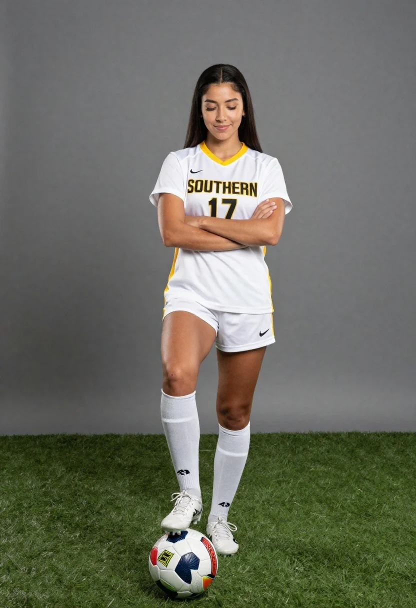 Confident Young Woman Stands Studio Setting Posing With Soccer Ball reference photo