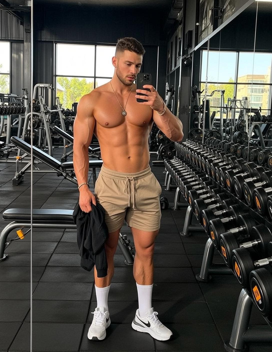 Muscular Short Dark Styled Tan Athletic Shorts