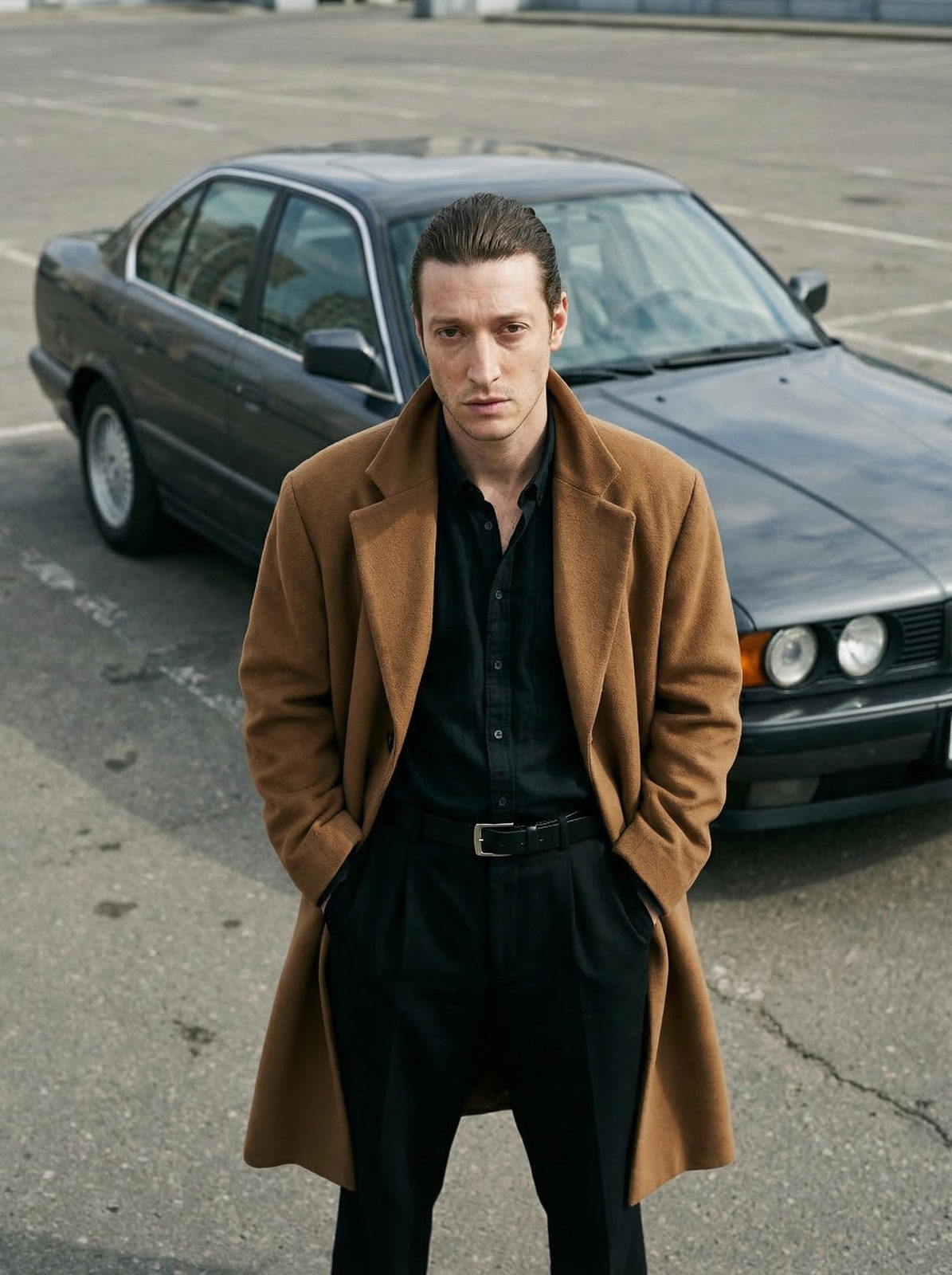 Photorealistic image of a man in a long camel coat standing in a city parking lot next to a metallic gray car, calm and serious expression.