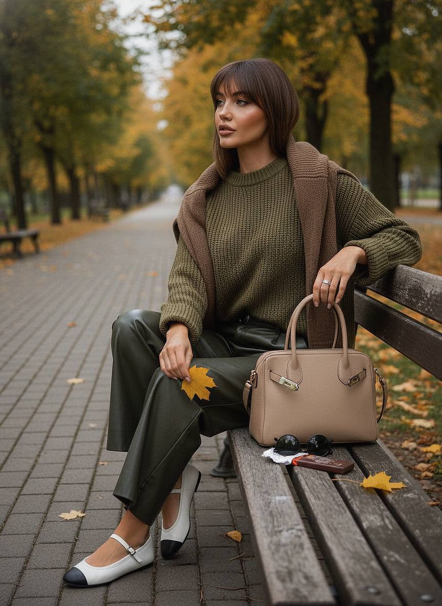 A woman in an olive-green oversized knit sweater sits on a park bench covered in autumn leaves, looking thoughtfully into the distance.