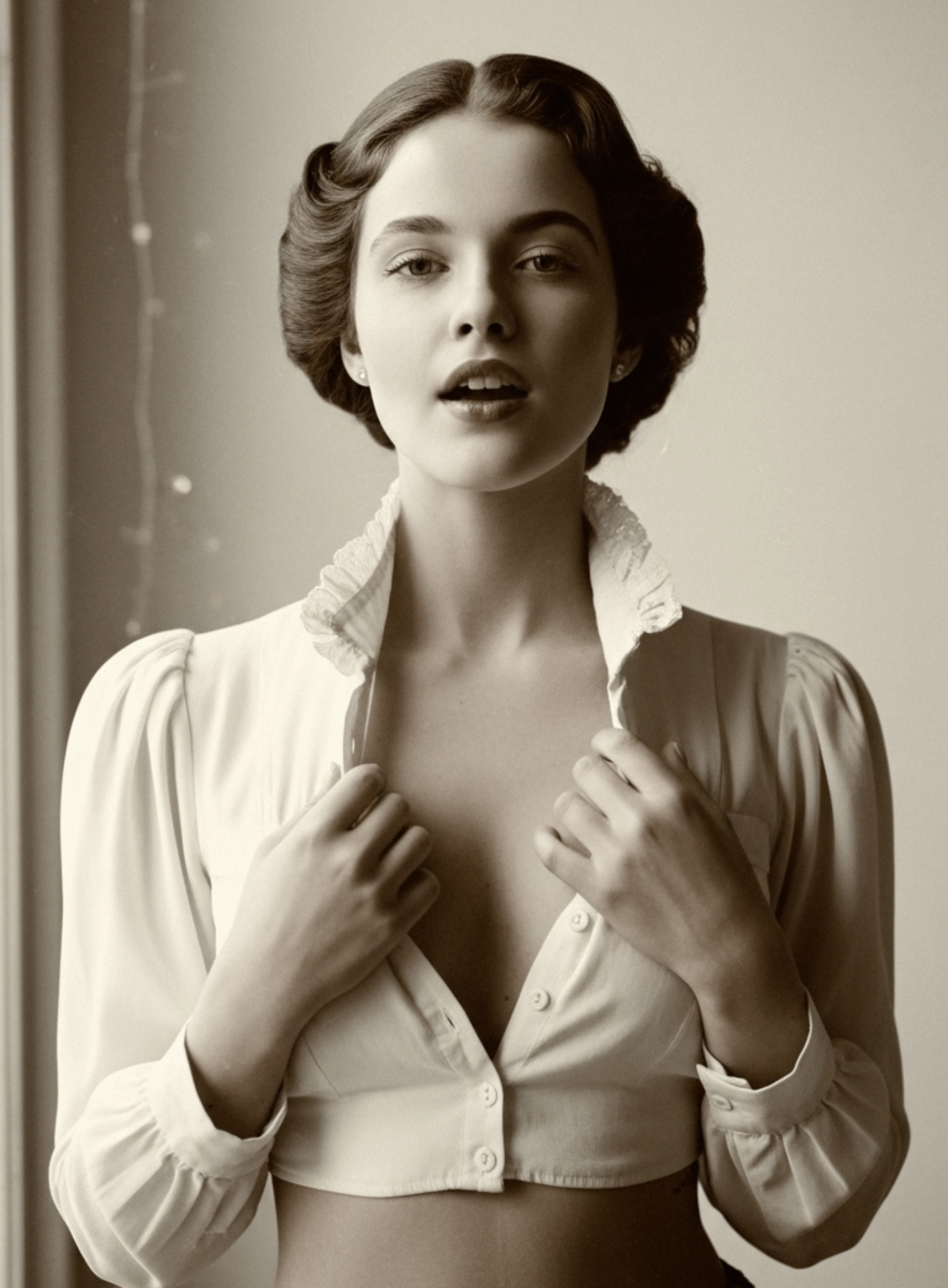 Sepia 1940s Hairstyle White Ruffled Blouse