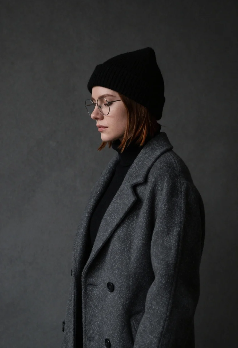 Young Woman Stands Profile Against Dark Concrete Wall Subject Fair-skinned