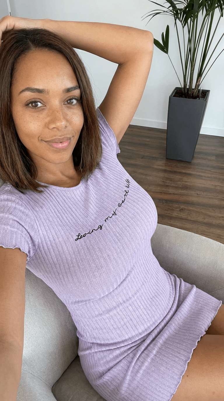 Selfie In Armchair Lavender Dress Palm Planter