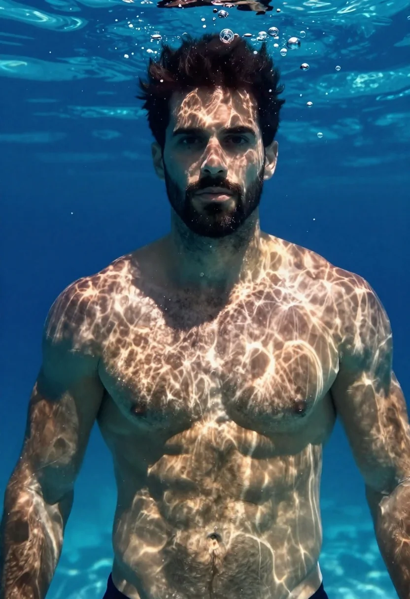 Underwater Portrait Muscular Man With Dark Hair And Beard Gazing reference photo
