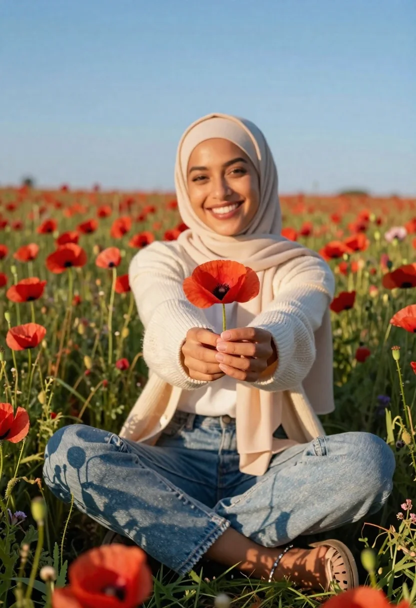 Smiling Woman Wearing Light Beige Hijab Sits Vast Field Red