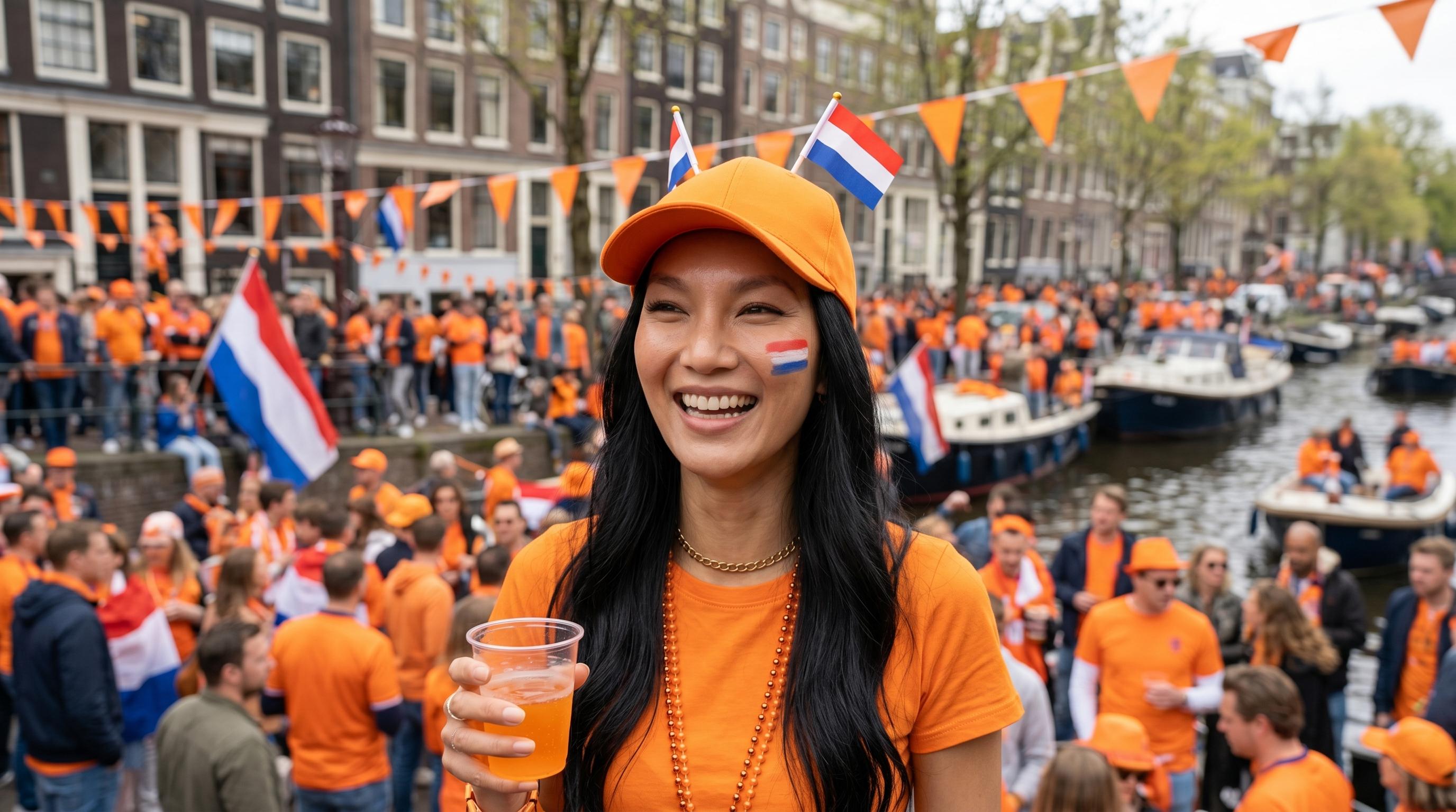 Amsterdam Festival Orange Outfit Canal Scene
