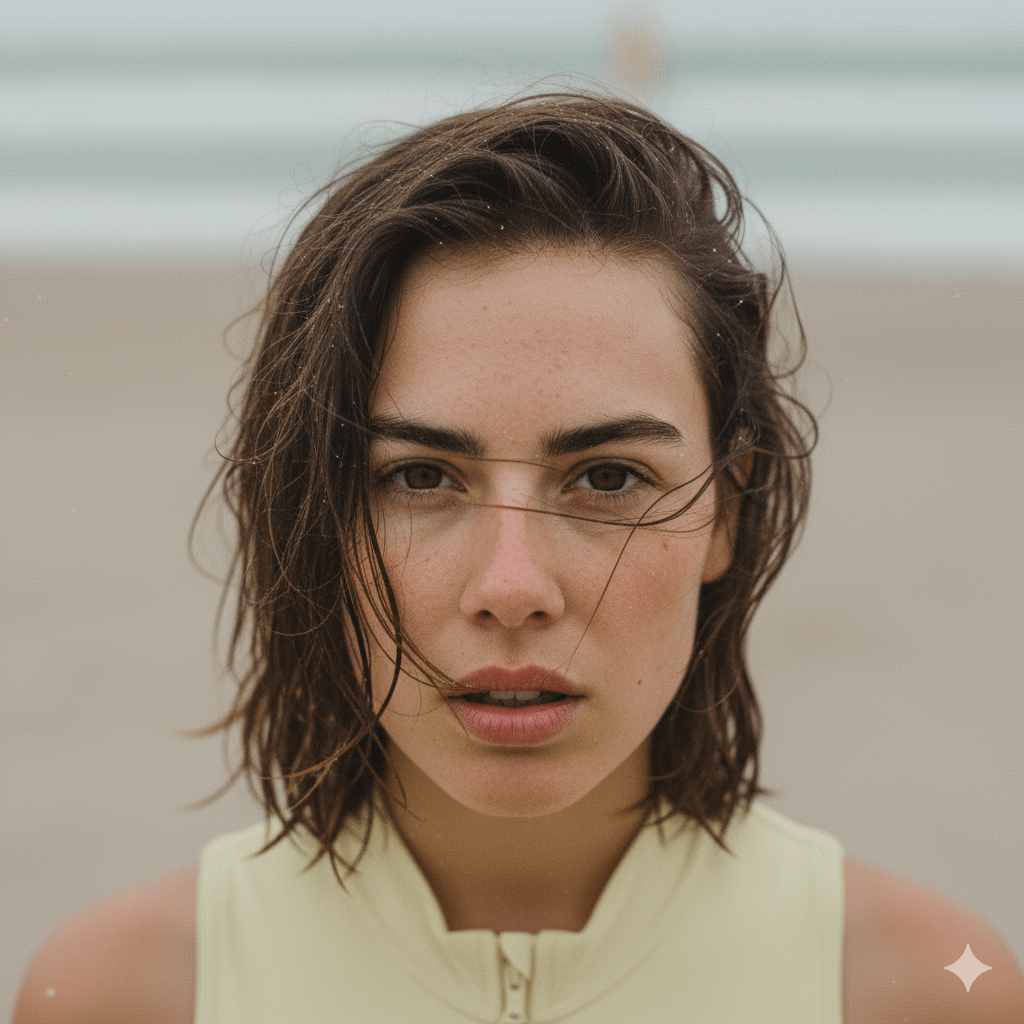 Pale Yellow Sleeveless Swimsuit Or Surf Top On Tight Beach