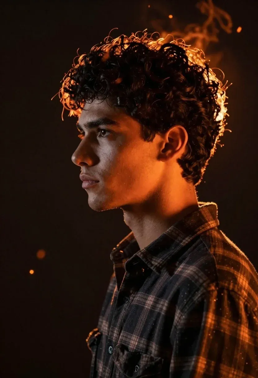 Dramatic Profile Portrait Young Man With Dark Curly Hair And