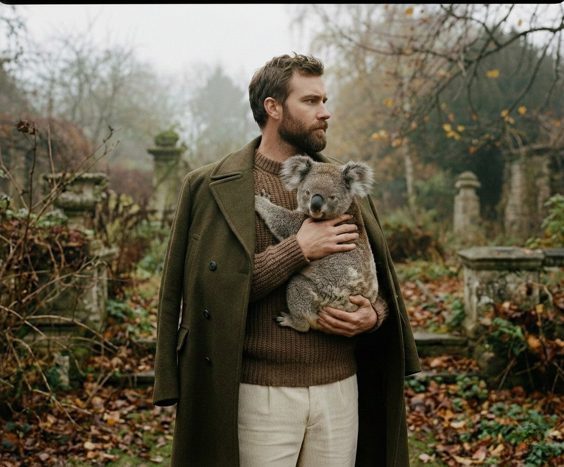 Stylish man in an olive green overcoat holding a large koala in an autumn garden.