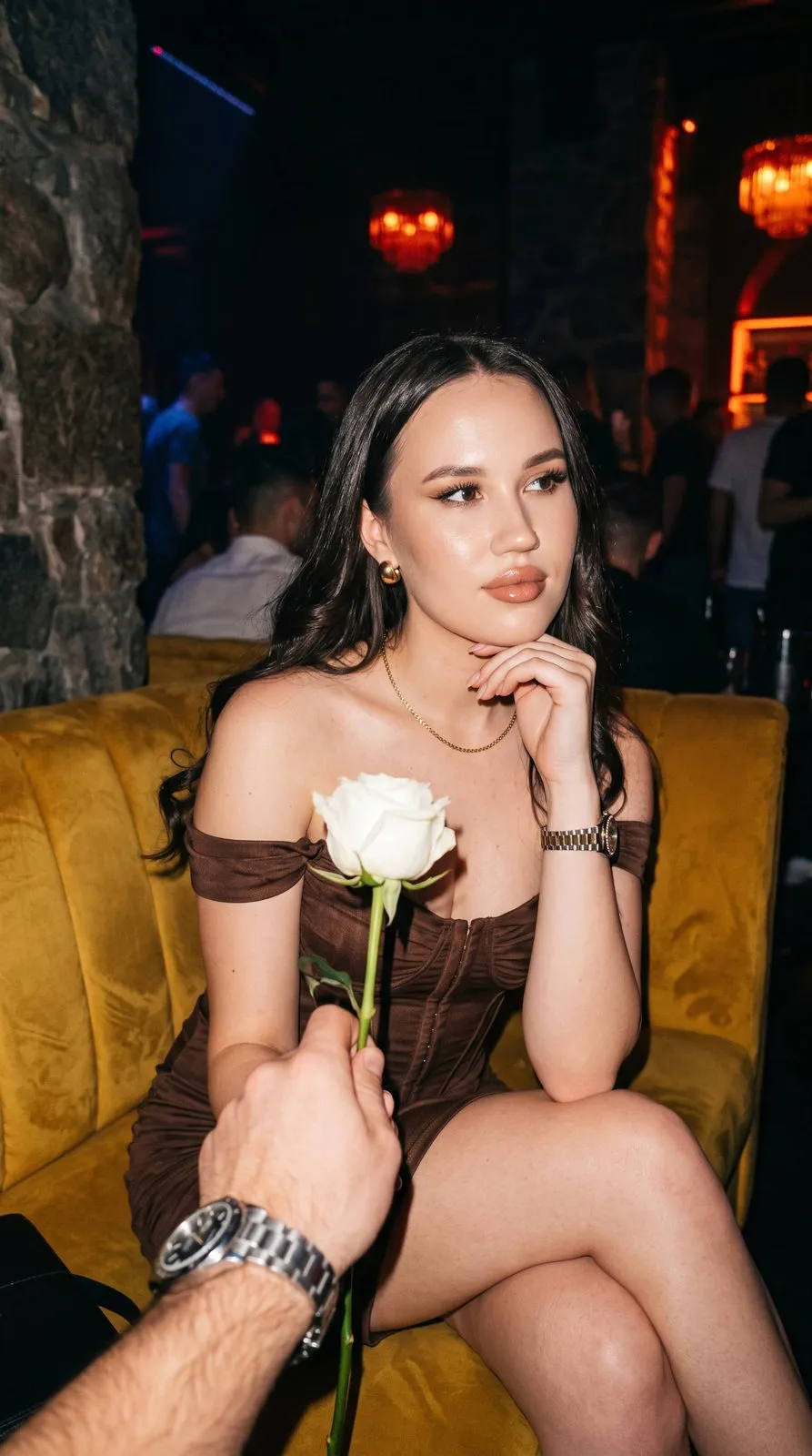 Girl In Corset Dress Yellow Velvet Club Warm Lighting