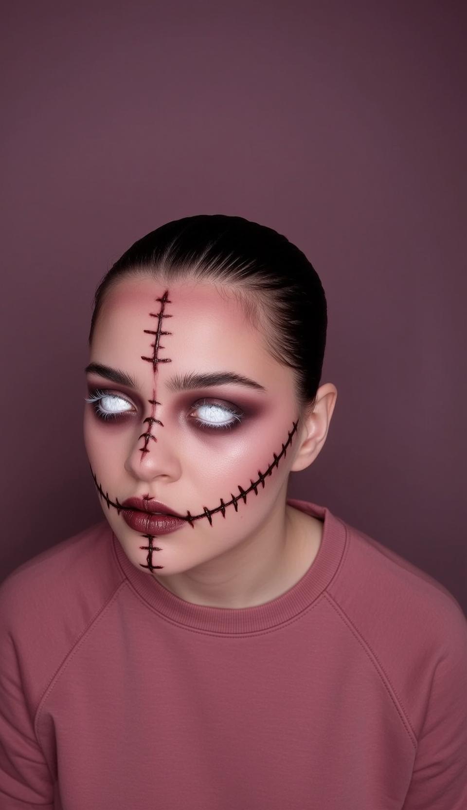 Halloween Makeup Young Stitched Pulled Back Pale