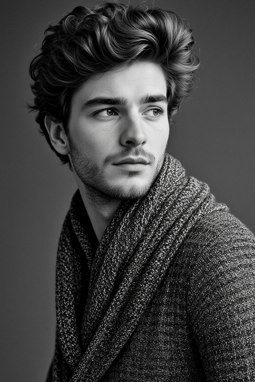 Black And White Medium Shot Portrait Young Man With Wavy