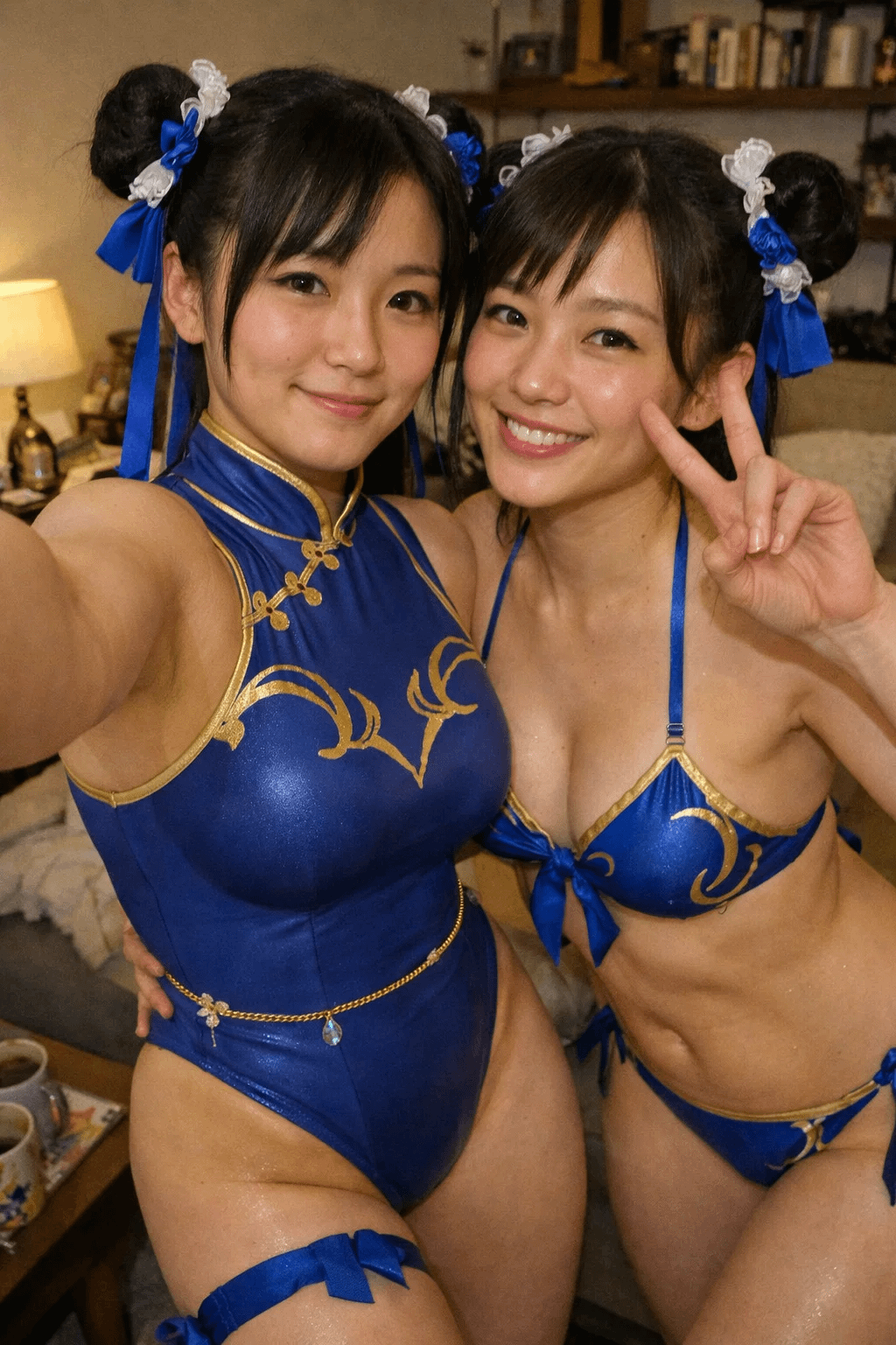 Chun Li Cosplay Selfie Two Women Blue Bodysuit