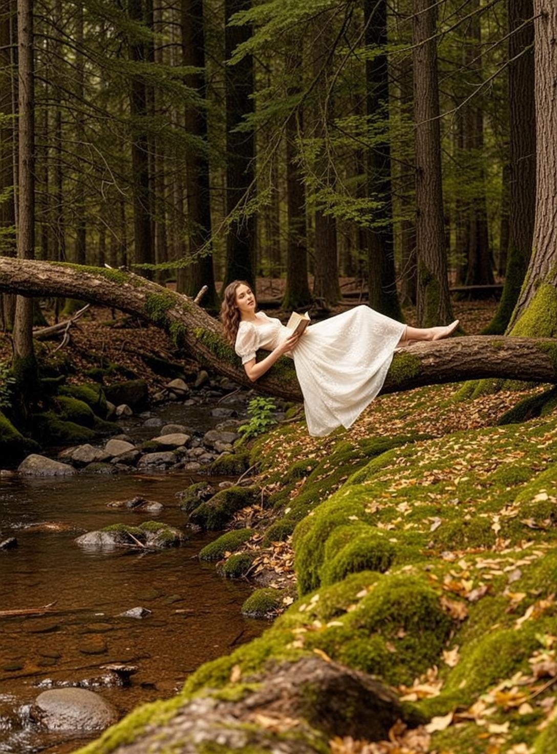 Reading On Fallen Tree In Forest