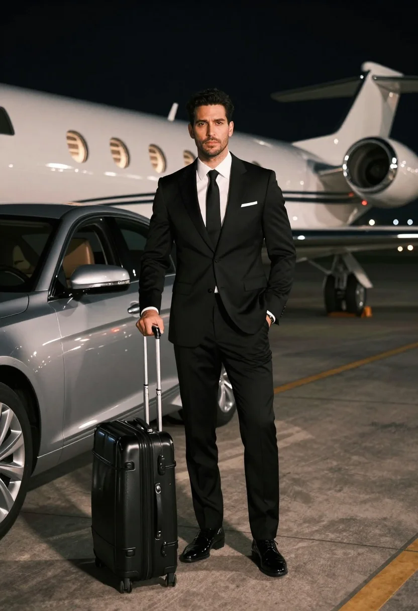 Confident Man Sharp Black Suit Stands Night Airport Tarmac With