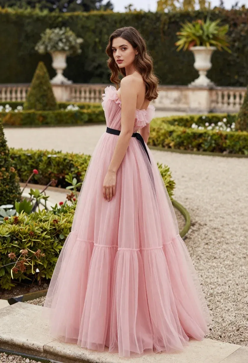 Woman Stands Formal Garden Wearing Voluminous Pink Tulle Gown With
