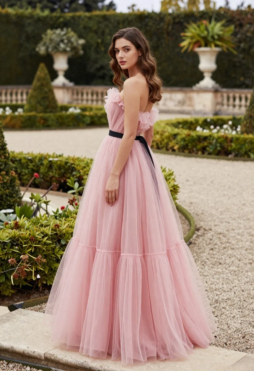 Woman Stands Formal Garden Wearing Voluminous Pink Tulle Gown With