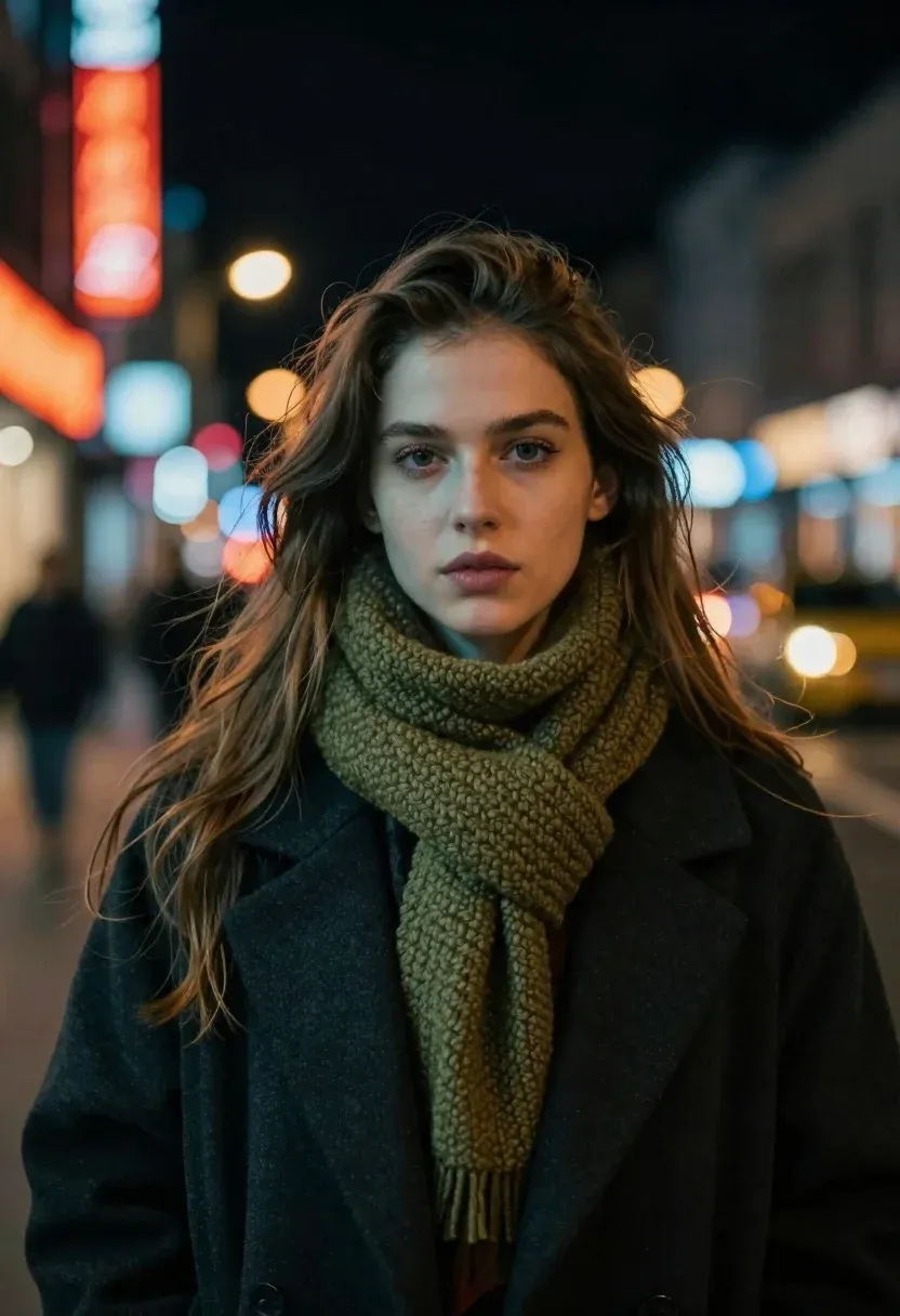 Close-up Portrait Young Woman With Long Brown Hair Standing City