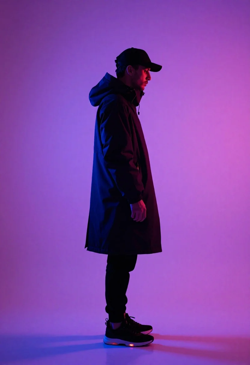 Full-body Side Profile Person Dark Streetwear Standing Against Purple Pink reference photo