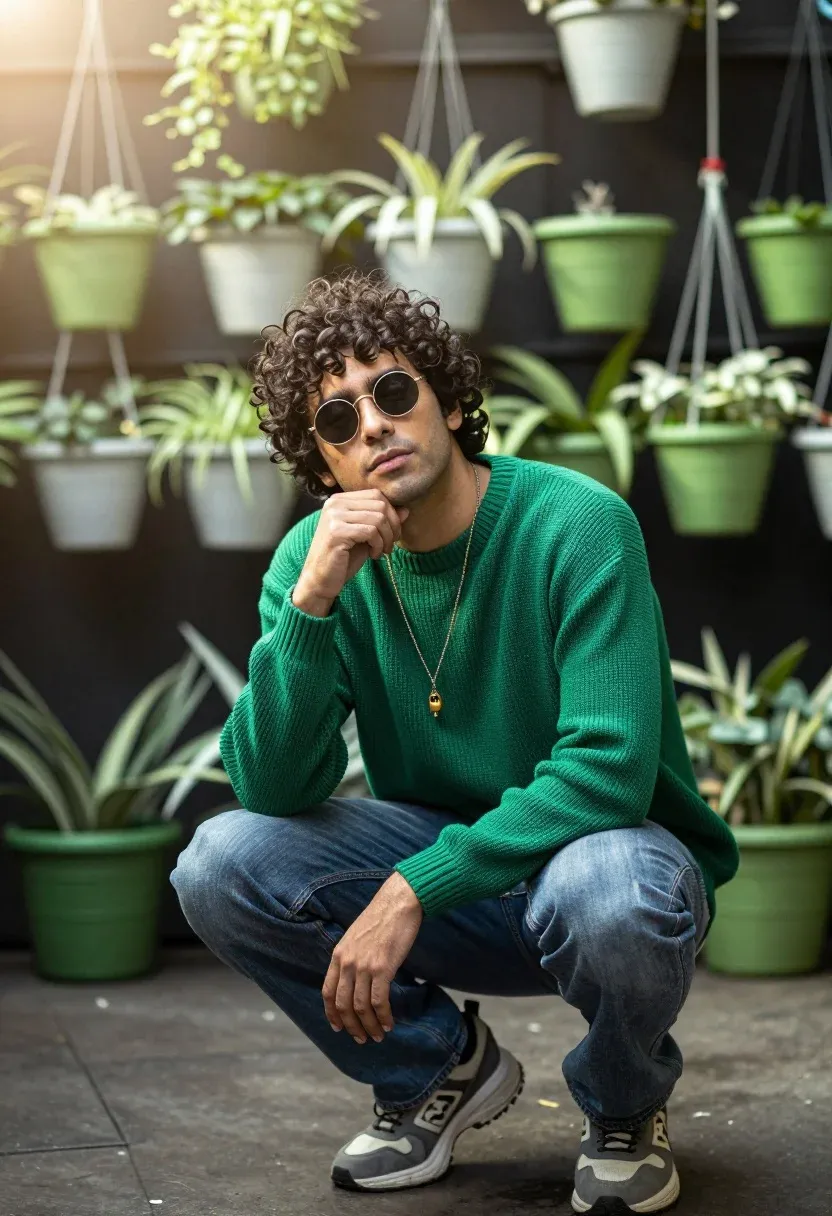 Man Crouching Relaxed Pose Against Backdrop Hanging Plants And Green