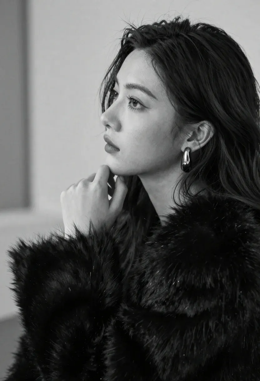 Black And White Portrait Woman Profile Looking Away With Contemplative