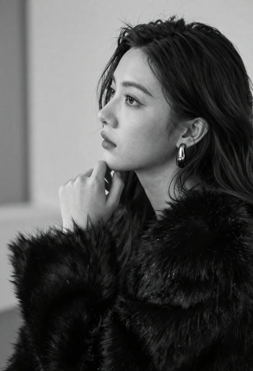 Black And White Portrait Woman Profile Looking Away With Contemplative