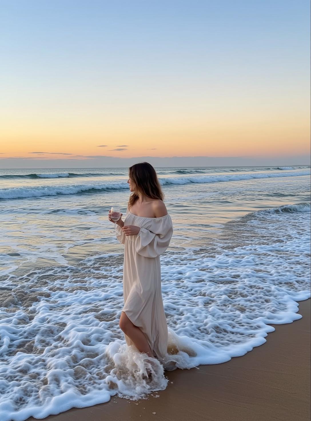 Long Flowing Cream Off Shoulder Beach Sand Ocean