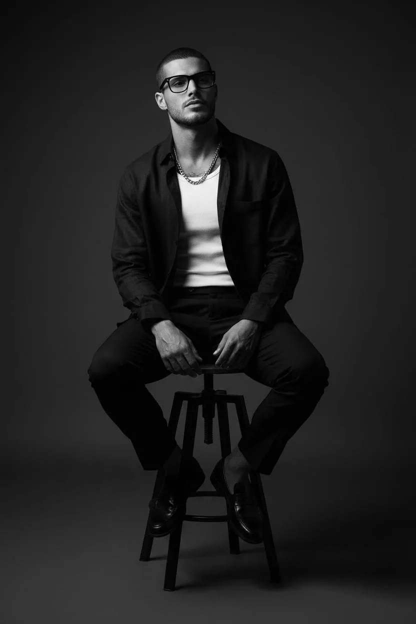 Glasses And Necklace In Noir Studio Portrait