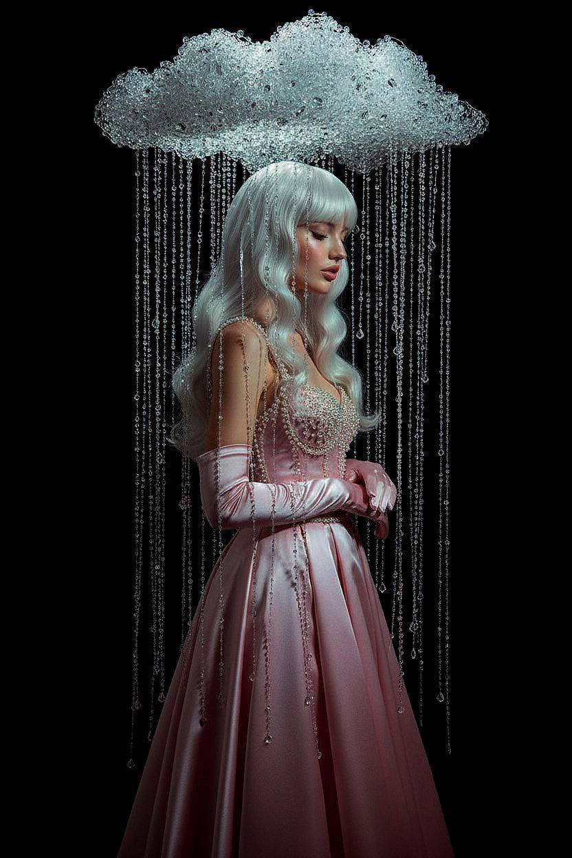 A surreal fashion portrait featuring a woman in a pink satin gown beneath a crystal cloud with delicate raindrop strands.